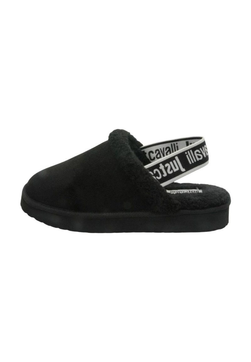 Pantofole nere senza lacci con interno peloso, punta arrotondata, materiale morbido simile alla pelle scamosciata e suola in gomma nera strutturata. Caratterizzate da una fascia con branding.