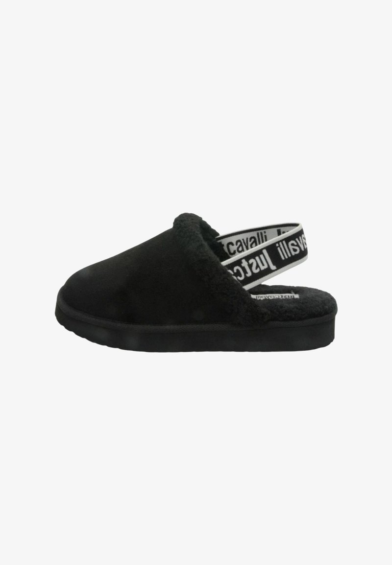 Pantofole nere senza lacci con interno peloso, punta arrotondata, materiale morbido simile alla pelle scamosciata e suola in gomma nera strutturata. Caratterizzate da una fascia con branding.