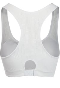 Vit sport-bh med mesh-bak, racerback-design, elastisk band och hak-och-öga-stängning. Slät tyg med minimal detaljering.