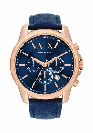 Reloj redondo dorado de Armani Exchange con esfera azul, tres subesferas, ventana de fecha a las 4 en punto y correa de cuero azul texturizada.