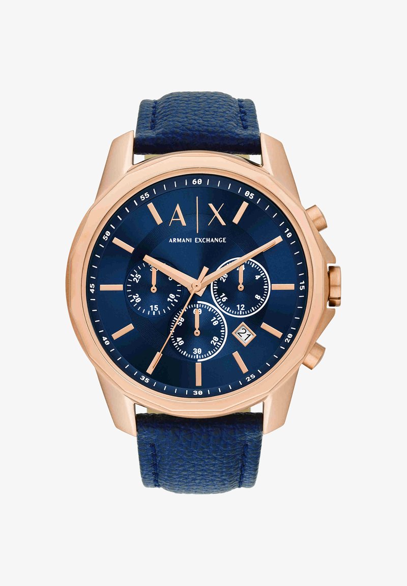 Reloj redondo dorado de Armani Exchange con esfera azul, tres subesferas, ventana de fecha a las 4 en punto y correa de cuero azul texturizada.