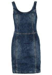 Jeansklänning med en figurnära passform, rundad halsringning och breda axelband. Har ljusblå sömmar och synliga sömmar. Slät textur.