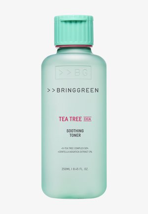Bouteille de tonique apaisant Bringgreen Tea Tree Cica, verte avec un bouchon bleu sarcelle, 250 ml, contenant 50 % de complexe à l'arbre à thé et 3 % d'extrait de centella asiatica.