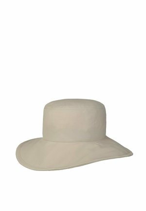 Wide-brimmed beige sun hat with a flat crown, made of smooth fabric, designed to provide full sun protection.