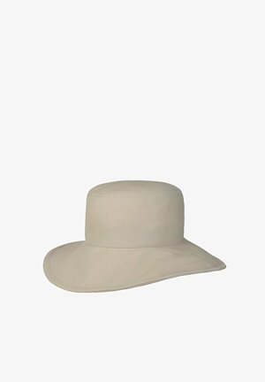 Wide-brimmed beige sun hat with a flat crown, made of smooth fabric, designed to provide full sun protection.
