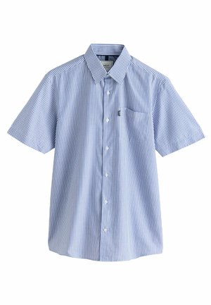 Short-sleeve button-up shirt in light blue with white vertical stripes, featuring a chest pocket and a classic collar design.