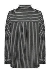 Black and gray striped shirt, collared, buttoned cuffs, featuring vertical stripes of varying widths, smooth texture, and relaxed fit.