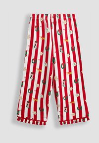 Sarkana un baltā svītru pidžamu bikses ar svinīgiem motīviem - vītni, zeķēm, zvaigznēm un lentēm. Elastīga josta un krokošana apakšmalā. Kokvilnas materiāls.