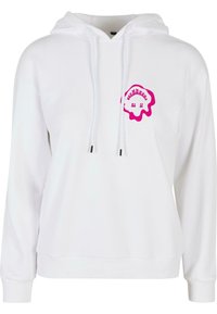 Haut à capuche blanc avec un logo graphique rose sur la poitrine, doté d'une capuche à cordon de serrage et de poignets et d'un ourlet côtelés. Réalisé en matériau coton doux.