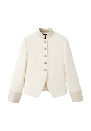 Weißer kurzer Blazer mit Stehkragen, fünf Perlenknöpfen vorne, langen Ärmeln und zwei vorderen Schlitz Taschen.