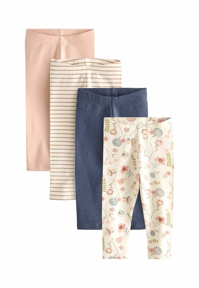 Set von vier Paar Leggings: hellrosa, creme mit Streifen, dunkelblau und creme mit Blumenmuster. Weicher, dehnbarer Stoff.