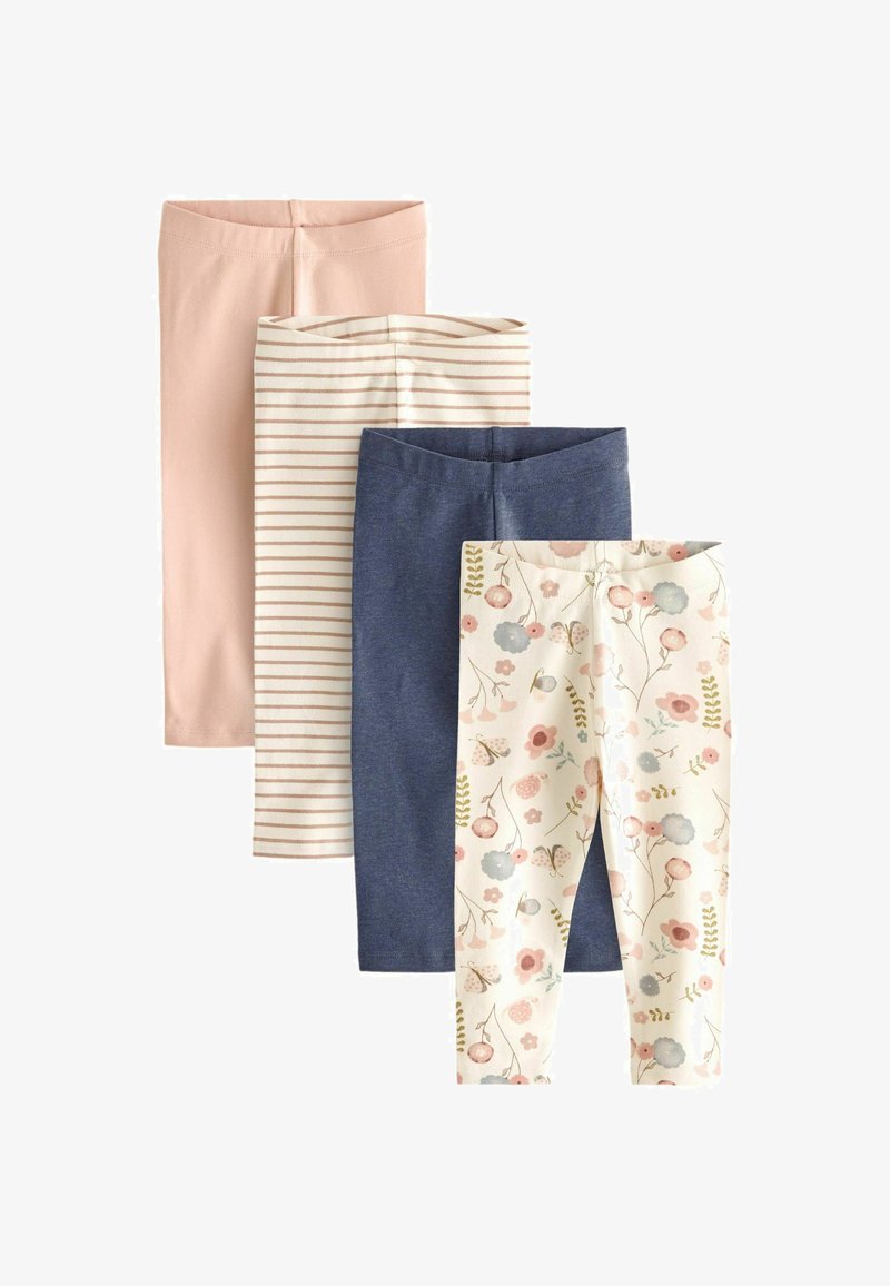 Set di quattro paia di leggings: rosa chiaro, crema con righe, blu scuro e crema con motivo floreale. Tessuto morbido e elastico.