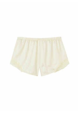 Crème-kleurige katoenen shorts met een elastische tailleband en kantafwerking aan de onderkant, ontworpen voor comfort en draaggemak.