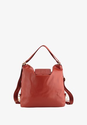 Rust-colored leather shoulder bag with short handle, adjustable strap, gold hardware, and embossed "FRIENDLY" on front flap.