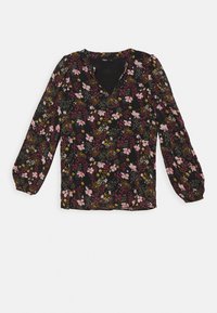 Sort blomstret bluse med lange puffærmer, prydet med lyserøde og gule blomster, v-halsdesign og letvægtsstof.