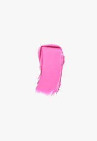 Tache de peinture rose vif avec une texture lisse sur un fond blanc uni, montrant les bords des coups de pinceau et de légères crêtes.