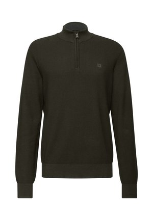 Pull en tricot texturé vert foncé avec un col zippé à quart, des poignets et un ourlet côtelés. Présente un petit patch logo sur la poitrine.