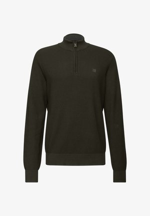 Dunkelgrüner, strukturierter Pullover mit einem Viertelreißverschluss-Kragen, gerippten Bündchen und Saum. Mit einem kleinen Logopatch auf der Brust.
