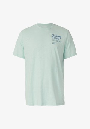 Miętowo-zielony miętowy T-shirt z krótkim rękawem, z okrągłym dekoltem i nadrukiem tekstowym w ciemnoniebieskim kolorze na przodzie. Miękka, lekka tkanina.