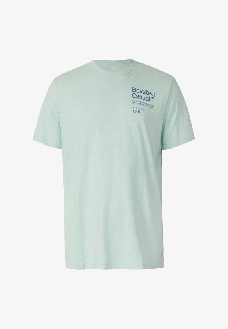 T-shirt manches courtes vert menthe clair avec col rond et texte imprimé en bleu foncé sur le devant. Tissu doux et léger.