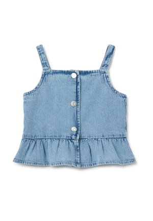 Lichtblauwe denim tanktop met verstelbare bandjes, knoopsluitingen aan de voorkant en een gerafelde zoom aan de onderkant. Zachte textuur en casual ontwerp.