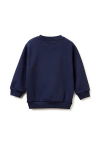 Sudadera de algodón azul marino con mangas largas, cuello y puños acanalados, textura suave y un diseño simple y sólido. Se muestra la vista trasera.