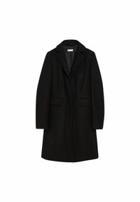 Svart ullblandad kappa med slagkrage, två framfickor och enspärrs knäppning. Slät textur och skräddarsydd siluett.