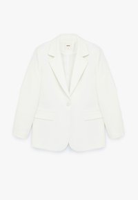 Weißer Blazer aus strukturiertem Stoff, mit Reverskragen, abgedecktem Knopfverschluss und zwei vorderen Taschen. Lange Ärmel, taillierte Passform.