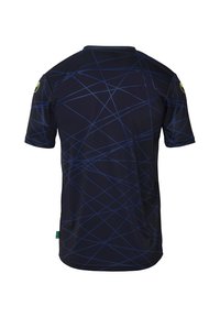 Marineblå kortærmet skjorte med et geometrisk blåt linjemønster, rund halsudskæring og logo accenter på ærmet. Fremstillet af åndbart materiale.