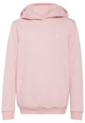 Lyserød Adidas-hoodie med front-kængurulomme, lange ærmer og lille hvidt logo på venstre bryst.