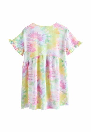Kurzes Kleid mit einem Batikmuster in Pastellfarben. Verfügt über eine geraffte Taille und gerüschte Ärmelenden für zusätzliche Details.