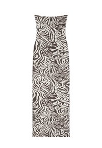 Maxi abito con una silhouette aderente, caratterizzato da un motivo a strisce zebra marroni e bianche. Realizzato in tessuto morbido e leggero.