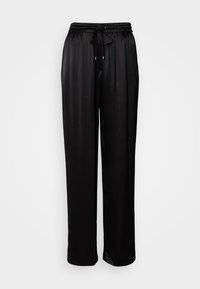 Pantaloni neri, con vestibilità rilassata, dotati di vita elastica e coulisse, esposti su uno sfondo bianco semplice.