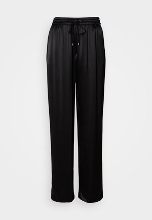 Black, relaxed-fit trousers with an elastic waistband and drawstring, displayed against a plain white background.