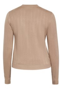 Beige gestrickter Pullover mit vertikalem Rippenmuster, langen Ärmeln und Rundhalsausschnitt. Die Rückseite ist glatt mit dezenten Details.