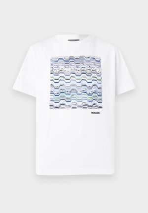 White short-sleeve T-shirt with a multicolored zigzag square pattern centered on the chest and "MISSONI" text below the design.