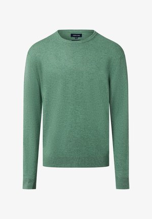 Grüner Strickpullover mit langen Ärmeln, rundem Ausschnitt und gerippten Bündchen. Der Stoff hat eine feine Textur und eine gleichmäßige Farbe.