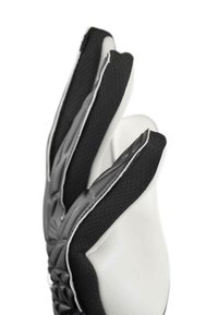 Black and white goalkeeper gloves featuring textured grip, padded knuckles, and breathable mesh fabric on the backhand for flexibility.