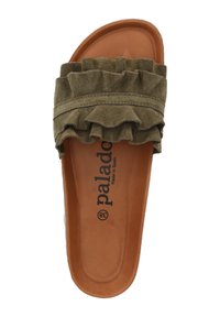 Olijfgroene suede slider-sandalen met gerimpelde band; tan gevoerd voetbed; bedrukte logo "palado" op de binnenzool; open ontwerp voor ademend vermogen.