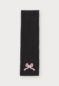 Black scarf made of soft material, featuring a pink embroidered bow at the bottom. Long and rectangular design with ribbed edges.