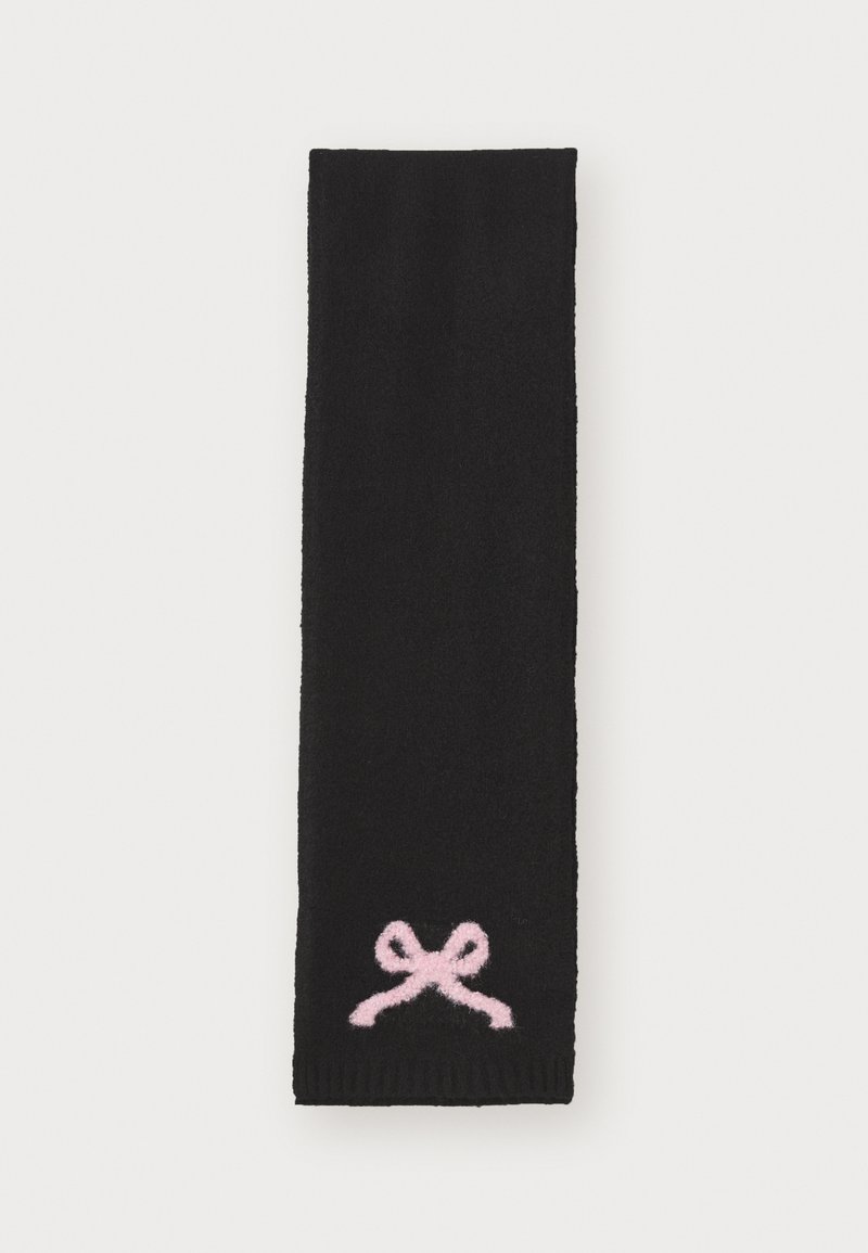 Black scarf made of soft material, featuring a pink embroidered bow at the bottom. Long and rectangular design with ribbed edges.