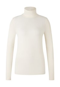 Langærmet turtleneck trøje i creme, lavet af glat stof. Tætsiddende design med høj krave og sømløs konstruktion.
