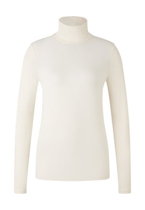 Long-sleeve turtleneck top in cream, made of smooth fabric. Fitted design with a high neck and seamless construction.
