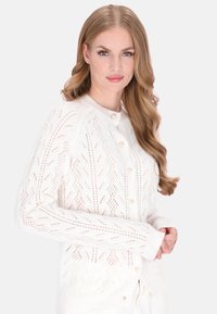 Cardigan blanc en maille avec un motif en dentelle, manches longues et boutons en perle sur le devant. Texture douce avec une coupe ajustée.