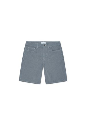 Pantaloncini a righe blu e bianche, realizzati in tessuto intrecciato. Presentano una chiusura con bottoni, tasche frontali e un design a taglio dritto.