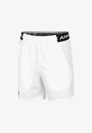 White athletic shorts with a black elastic waistband featuring "ARMOUR" text, side pockets, and smooth, lightweight fabric texture.