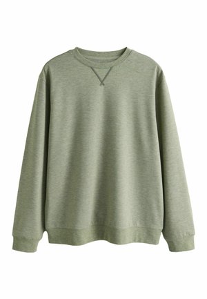 Light green crewneck sweatshirt with long sleeves, ribbed cuffs, hem, and a decorative stitched "V" below the collar.