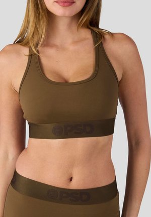 Brauner Sport-Bralette mit einem breiten, dunklen Logo-Band. Verfügt über einen Scoop-Ausschnitt und verstellbare Träger, hergestellt aus einem glatten, dehnbaren Stoff.