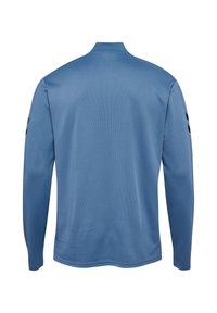 Lange mouw blouse van lichtblauwe stof, met een geribbelde textuur, een hoge kraag en zwarte strepen op de schouders. Eenvoudig ontwerp.