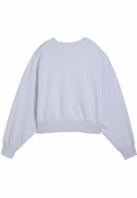 Sweatshirt courte lilas clair avec épaules tombantes, col rond et poignets et ourlet côtelés. Texture lisse, design minimal.